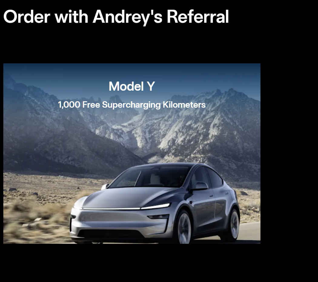 Tesla Ireland referral page confirming a referral is applied and showing 1,000 Free Supercharging Kilometers for Model Y