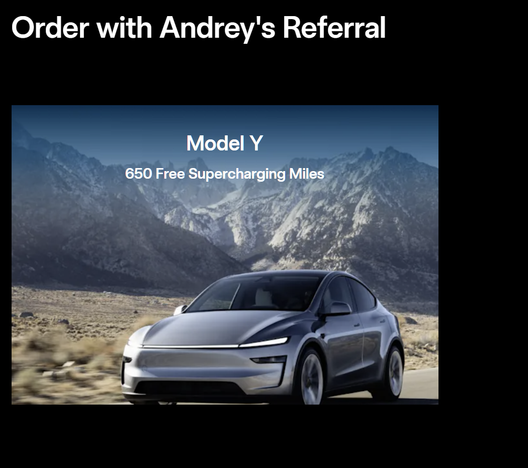 Tesla UK referral page confirming a referral is applied and showing 650 Free Supercharging Miles for Model Y